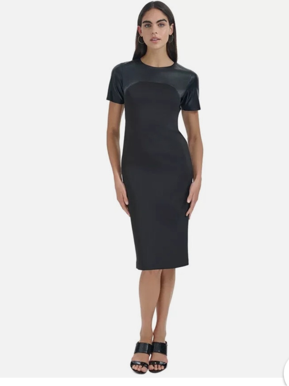 Calvin Klein Black Short-Sleeve Sheath Dress with Faux-Leather Accents